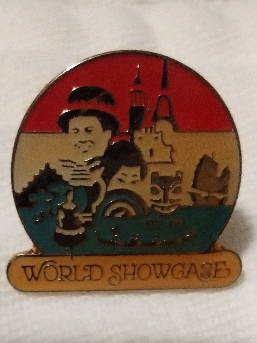 World Showcage Disney World Vintage Souvenir Enamel Pin - Red, Tan, Teal
